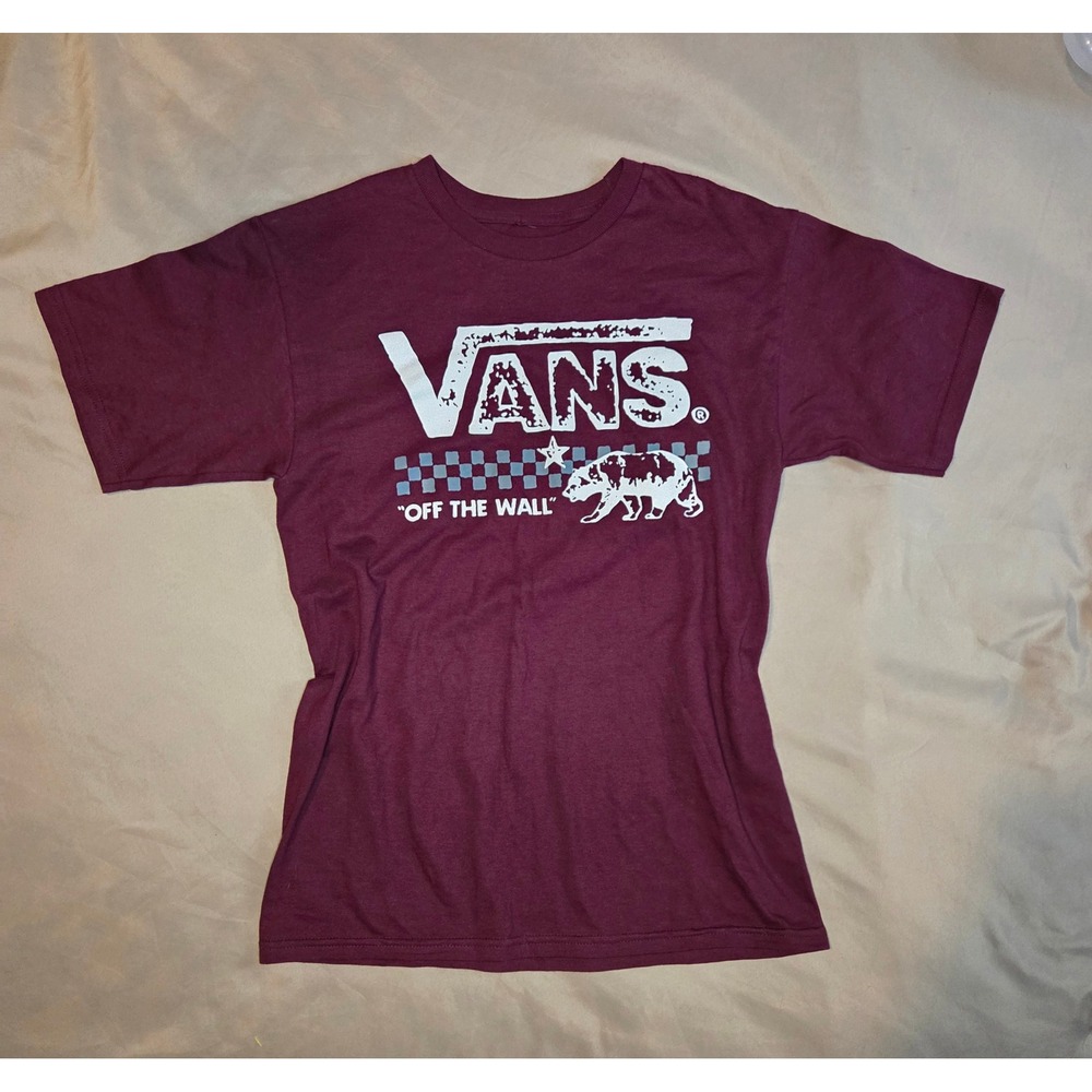 Vans "Off The Wall" Maroon T-Shirt Checkerboard Bear Graphic